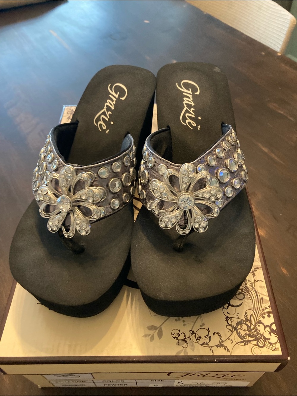 Grazie Pewter Wedge flip flop with Silver Crystal Flower Accents on top and side